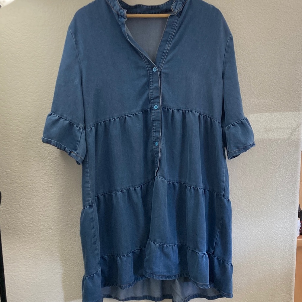 Blue Denim-like tiered Dress bell sleeves XL western coastal cowgirl lagenlook